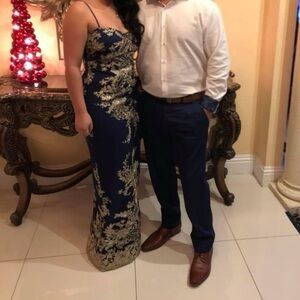 Marina Royal Blue & Gold Gown dress with spaghetti straps.